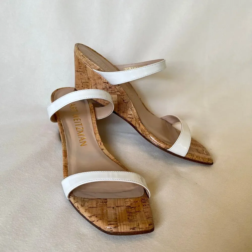 Stuart‎ Weitzman Aleena Wedge Heel Sandals 7.5 Narrow White Patent Leather Cork - Picture 2 of 13